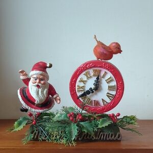 Vintage MCM  Merry Christmas Celluloid Santa With Holly Greens And Large Clock